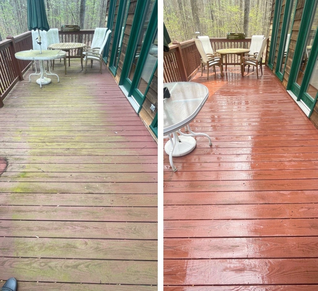 Wood deck before and after washing — moss and algae removed, boards fully restored