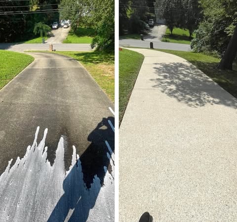 Residential driveway before and after pressure washing — dramatic transformation on concrete