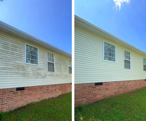 House exterior before and after soft washing — dirt and mildew removed from siding