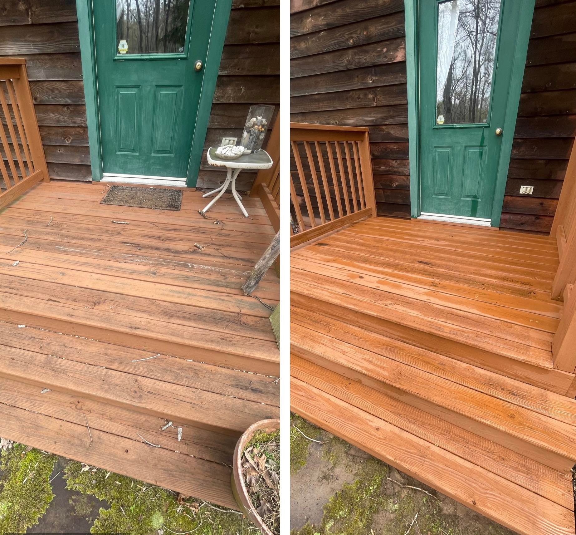 Deck before and after washing — wood boards cleaned and refreshed